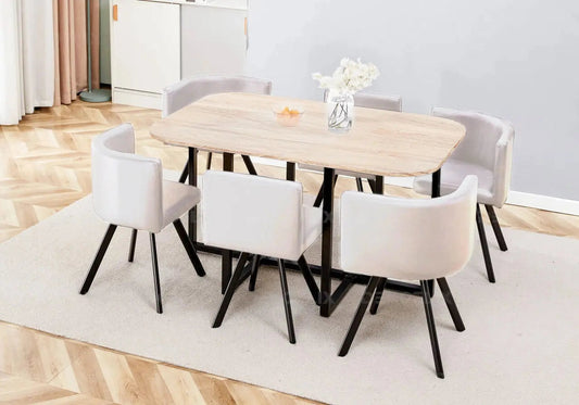 Ensemble table chêne et 6 chaises beige | Kaelo