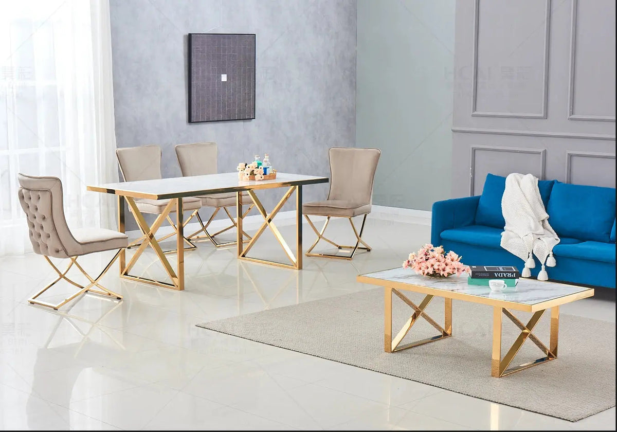 Ensemble table marbre blanc et chaises taupe | Zyra