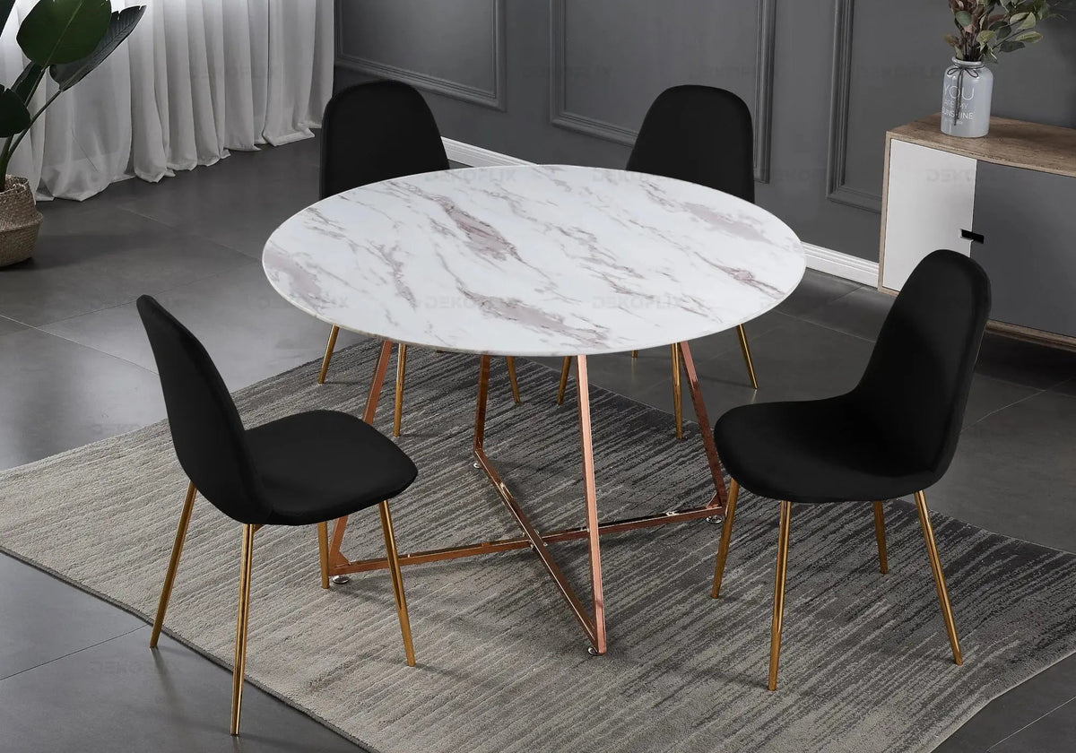 Ensemble table ronde marbre et 4 chaises velours | Nico