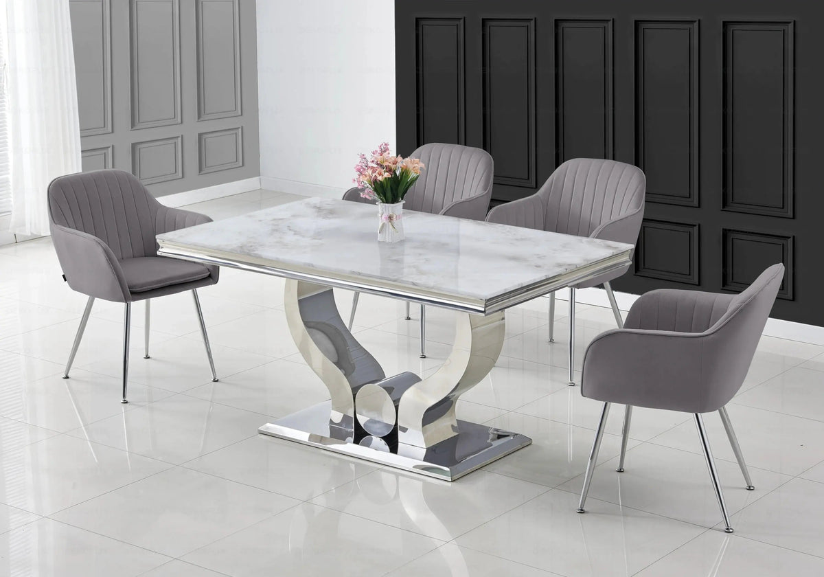 Ensemble table marbre beige et chaises argent | Juno