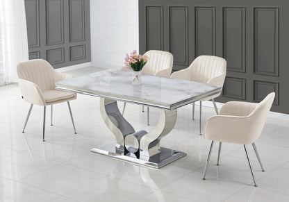 Ensemble table marbre beige et chaises argent | Juno
