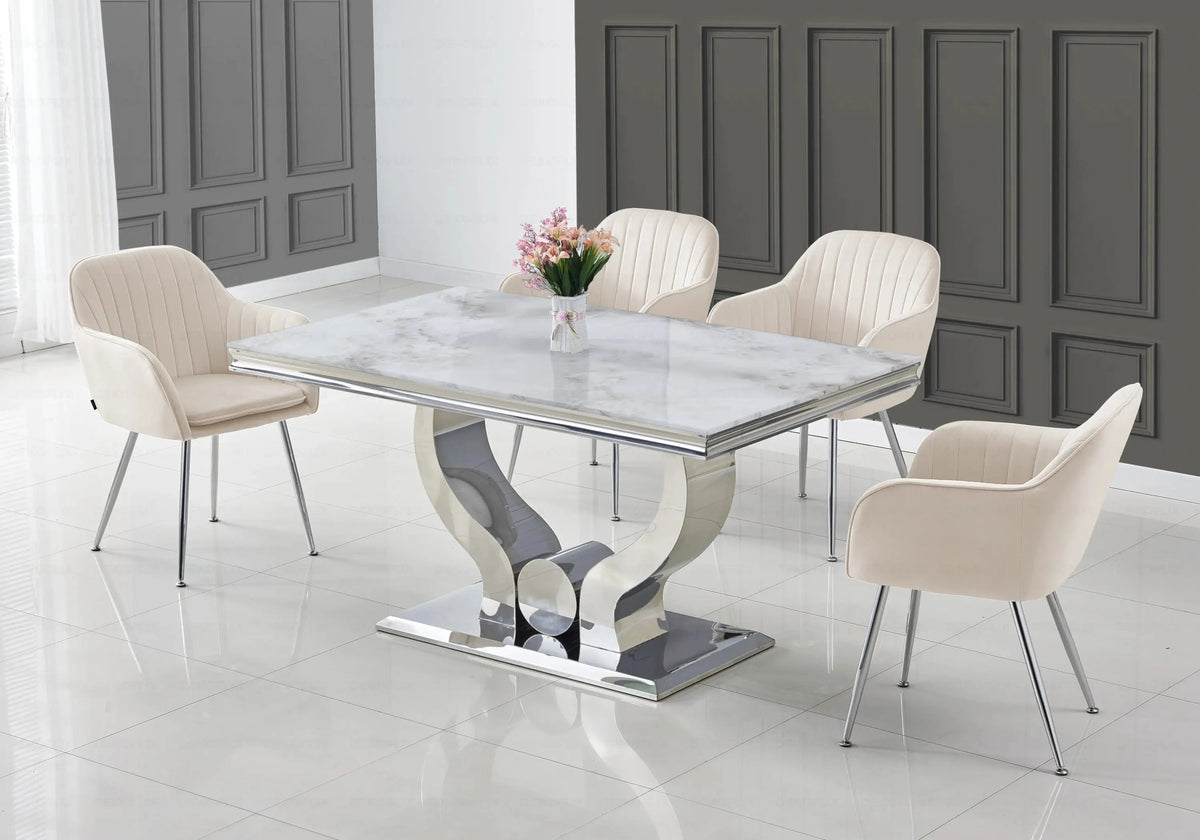 Ensemble table marbre blanc et chaises argent | Juno