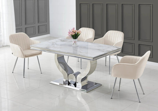 Ensemble table marbre blanc et chaises argent | Juno