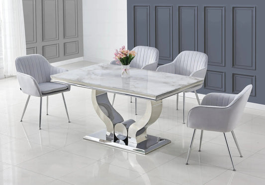 Ensemble table marbre beige et chaises argent | Juno