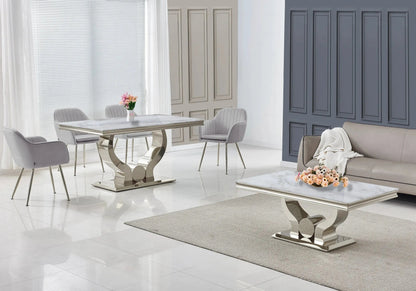 Ensemble table marbre beige et chaises argent | Juno