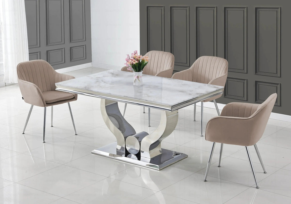Ensemble table marbre beige et chaises argent | Juno