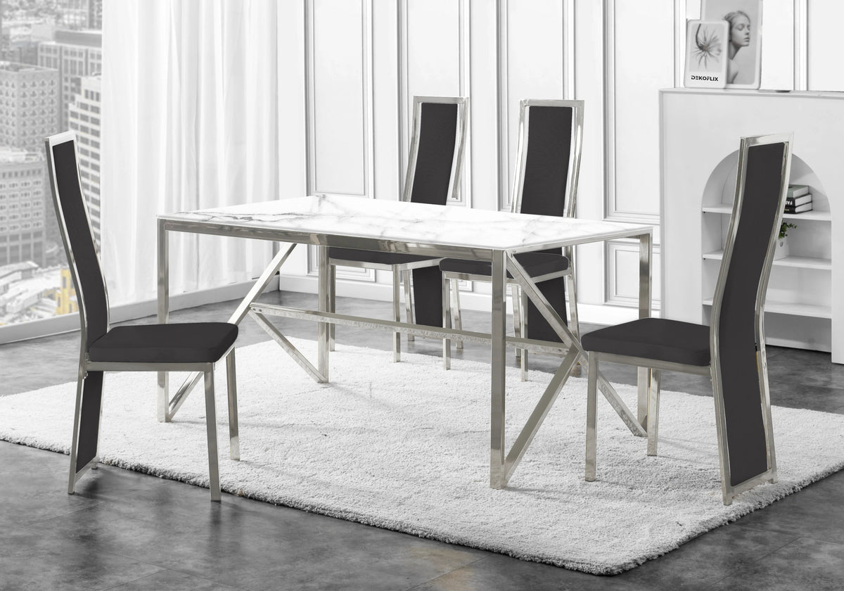 Table marbre blanc et 6 chaises velours argent | Kiro