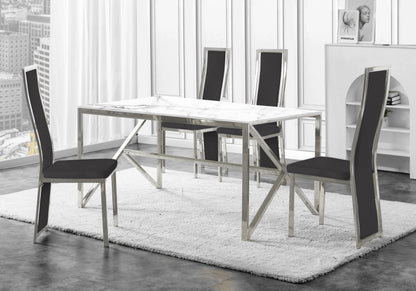 Table marbre blanc et 6 chaises velours argent | Kiro