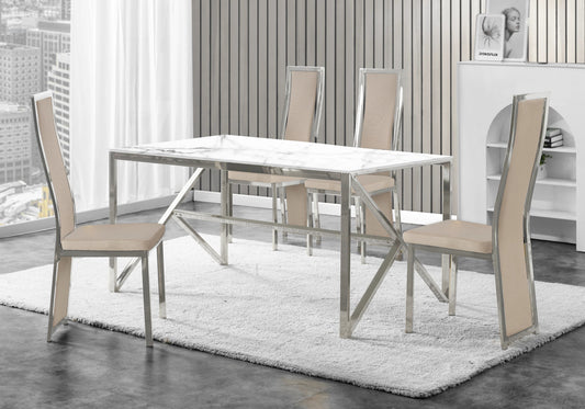 Table marbre blanc et 6 chaises velours argent | Kiro