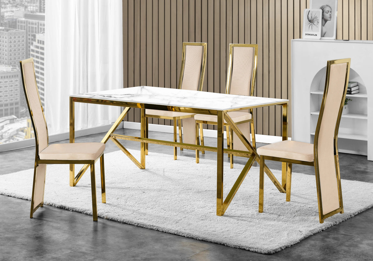 Table marbre blanc et 6 chaises velours doré | Kiro