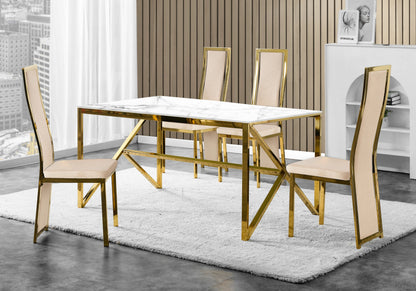 Table marbre blanc et 6 chaises velours doré | Kiro