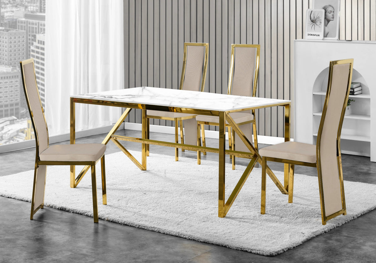Table marbre blanc et 6 chaises velours doré | Kiro