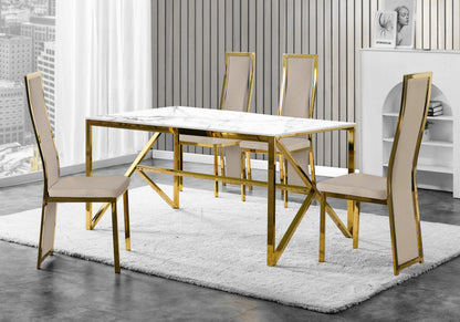 Table marbre blanc et 6 chaises velours doré | Kiro