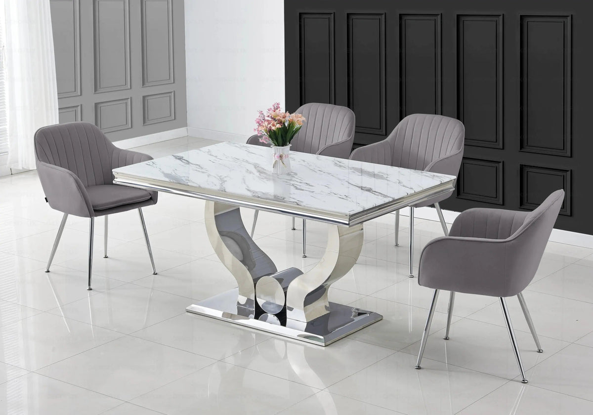 Ensemble table marbre blanc et chaises argent | Juno