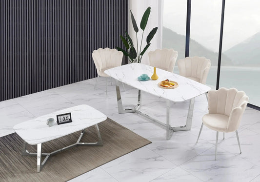 Ensemble salle à manger marbre blanc et argent | Vetra