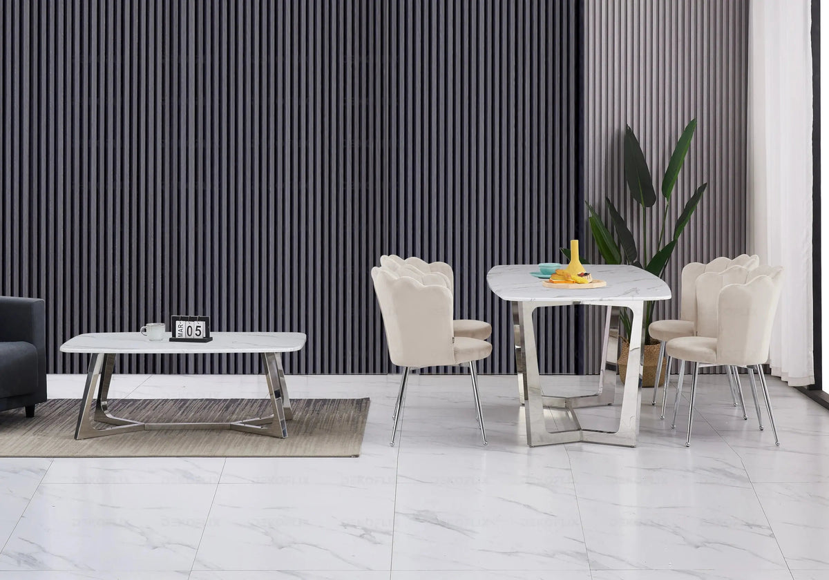 Table à manger marbre blanc et métal chromé | Vetra