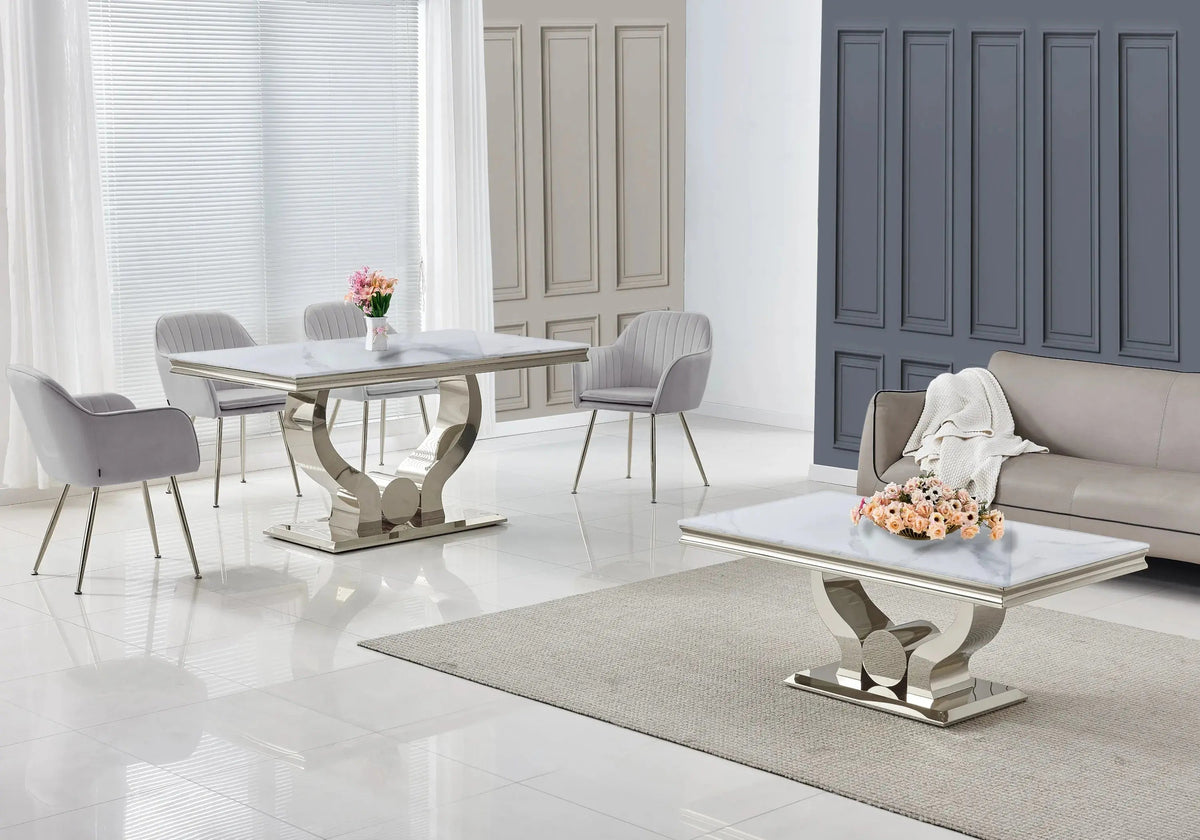 Ensemble table marbre blanc et chaises argent | Juno