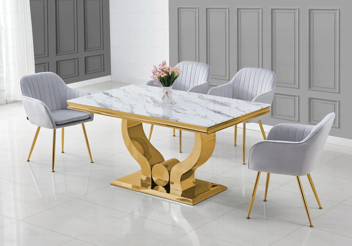 Ensemble table marbre blanc et chaises dorées | Juno