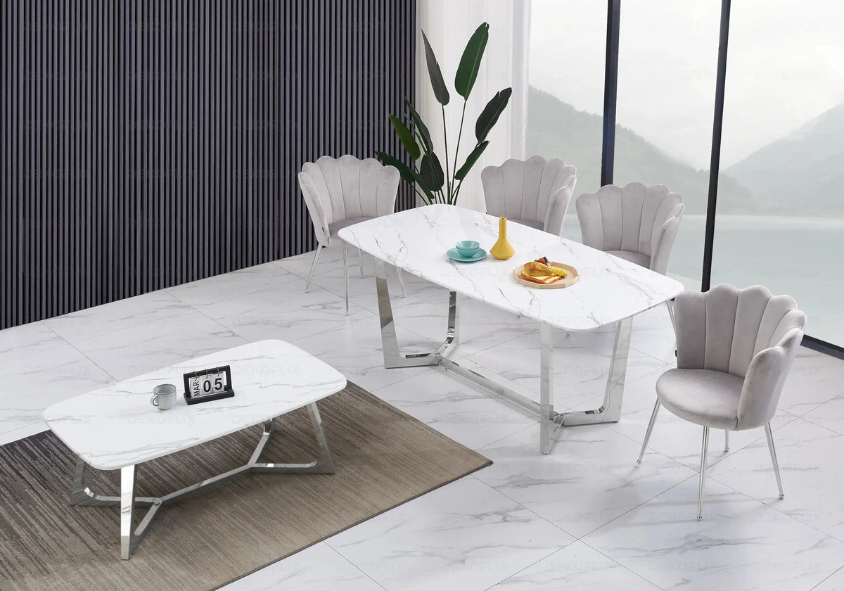 Ensemble salle à manger marbre blanc et argent | Vetra