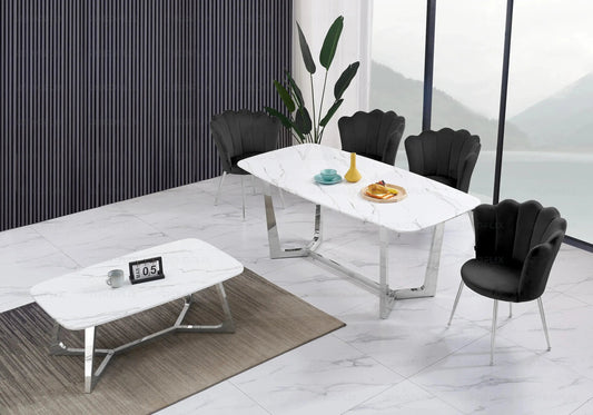 Ensemble salle à manger marbre blanc et argent | Vetra