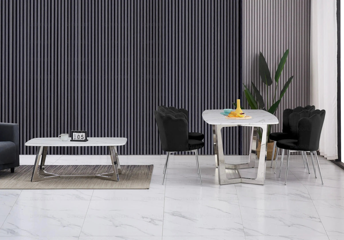 Ensemble salle à manger marbre blanc et argent | Vetra