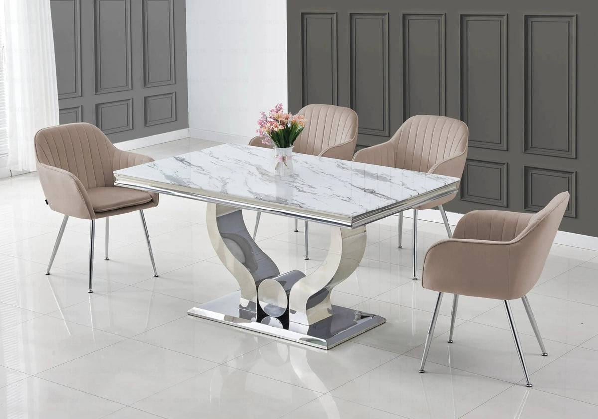Ensemble table marbre blanc et chaises argent | Juno