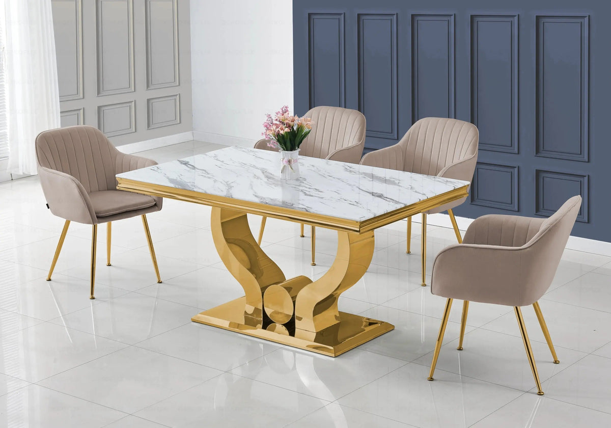 Ensemble table marbre blanc et chaises dorées | Juno