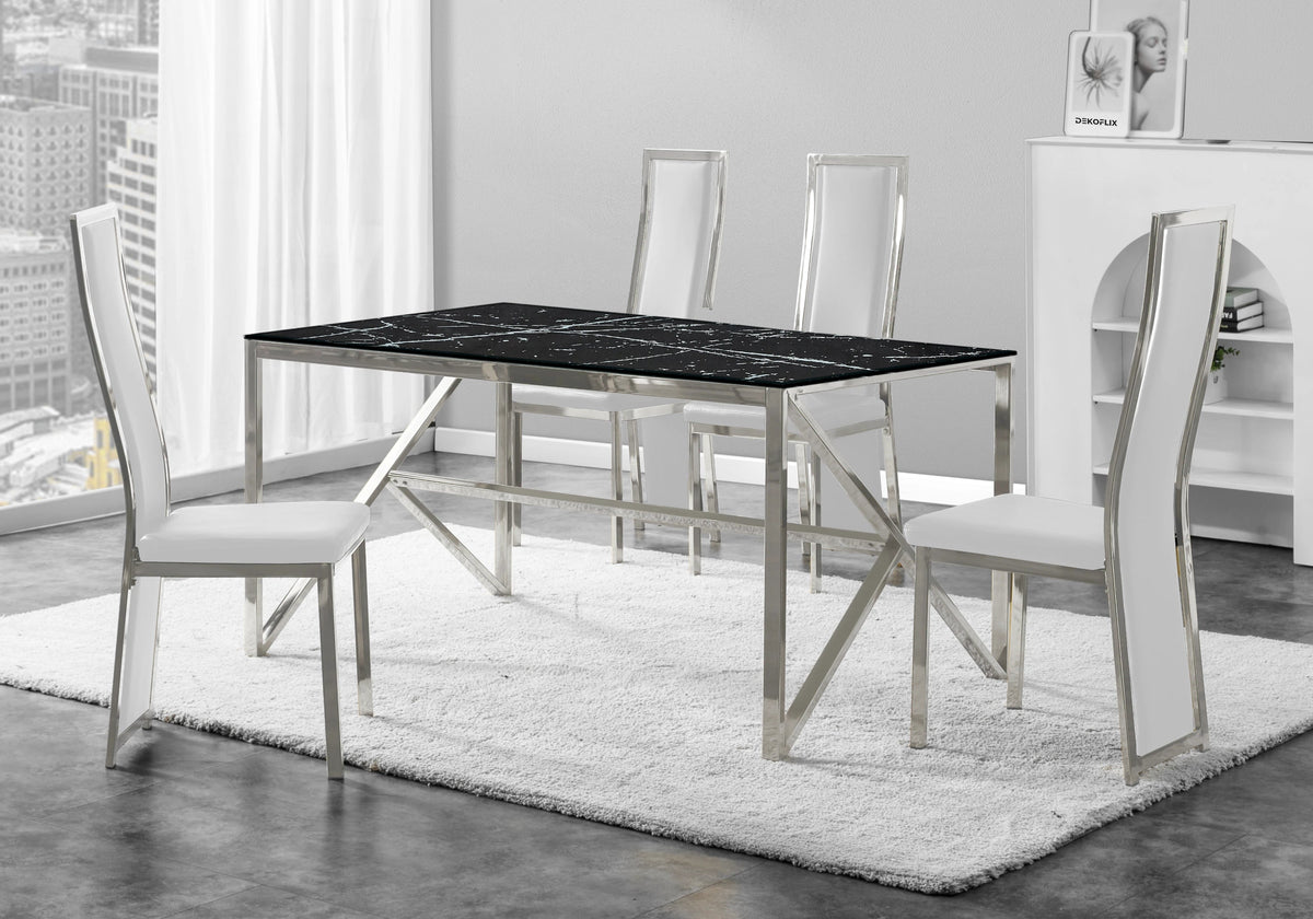 Table marbre noir et 6 chaises simili-cuir argent | Kiro