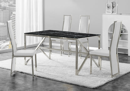 Table marbre noir et 6 chaises simili-cuir argent | Kiro