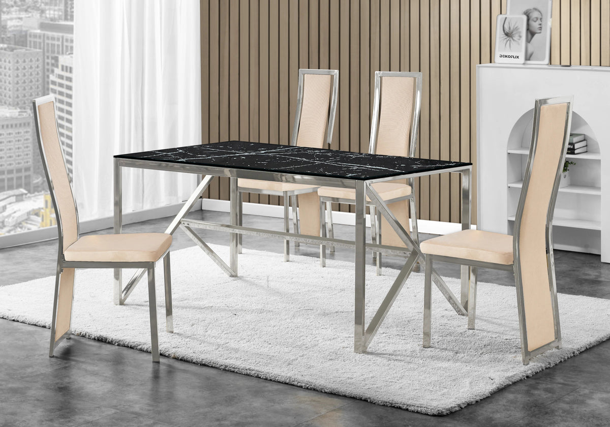Table marbre noir et 6 chaises velours argent | Kiro