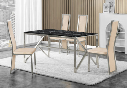 Table marbre noir et 6 chaises velours argent | Kiro