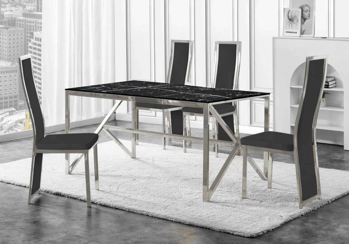 Table marbre noir et 6 chaises velours argent | Kiro