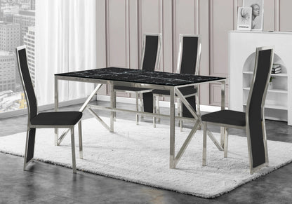 Table marbre noir et 6 chaises velours argent | Kiro
