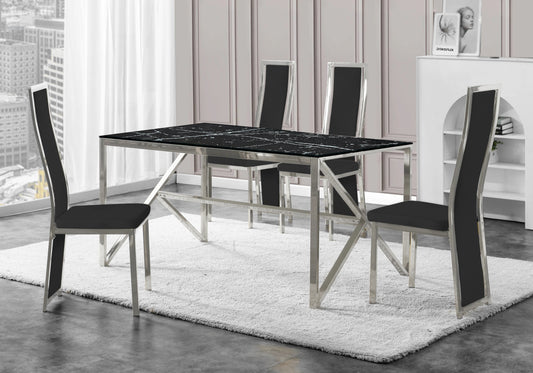 Table marbre noir et 6 chaises velours argent | Kiro