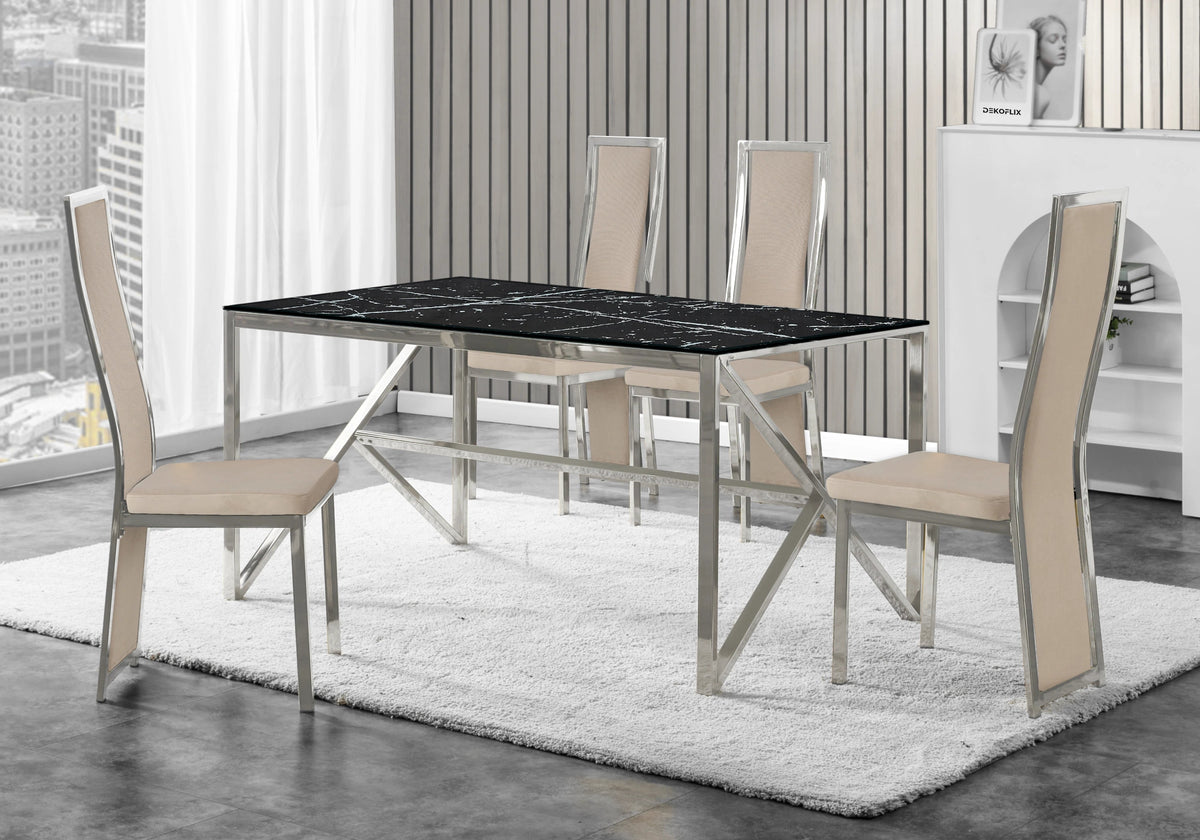 Table marbre noir et 6 chaises velours argent | Kiro