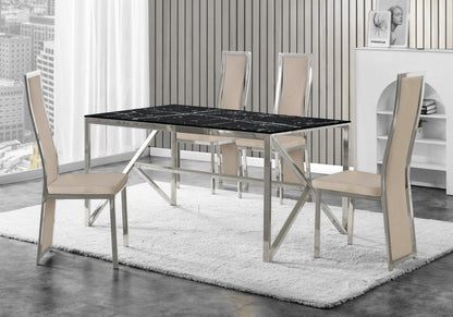 Table marbre noir et 6 chaises velours argent | Kiro