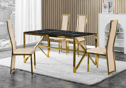 Table marbre noir et 6 chaises velours doré | Kiro