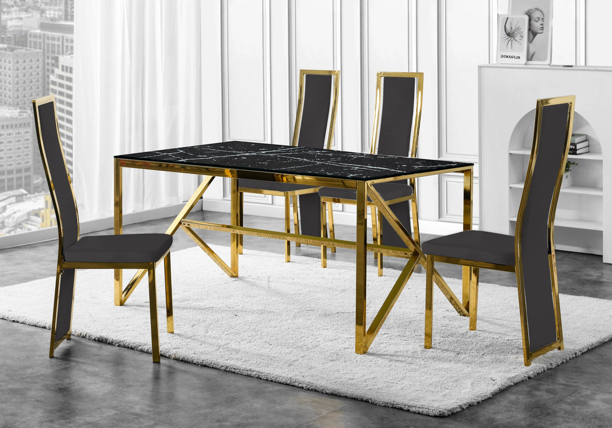 Table marbre noir et 6 chaises velours doré | Kiro