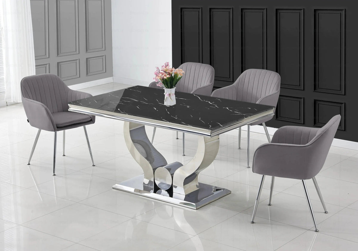 Ensemble table marbre noir et chaises argent | Juno