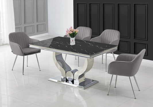 Ensemble table marbre noir et chaises argent | Juno