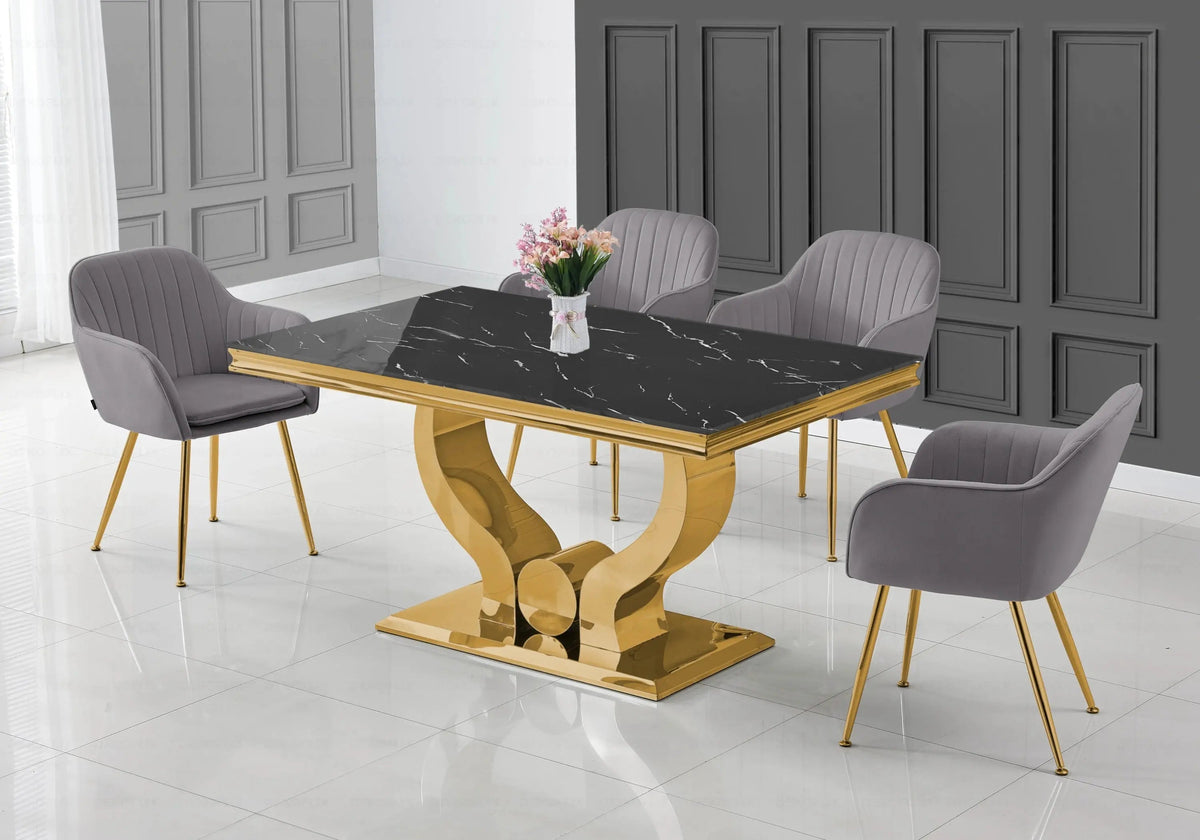 Ensemble table marbre noir et chaises dorées | Juno