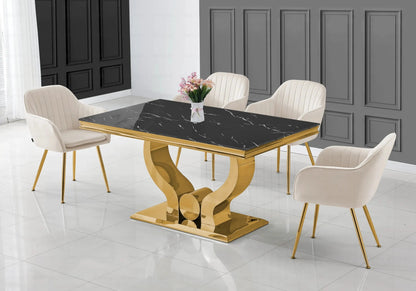 Ensemble table marbre noir et chaises dorées | Juno