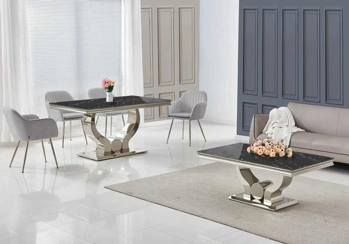 Ensemble table marbre noir et chaises argent | Juno