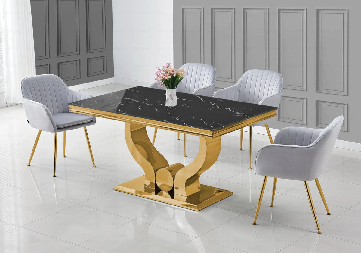 Ensemble table marbre noir et chaises dorées | Juno