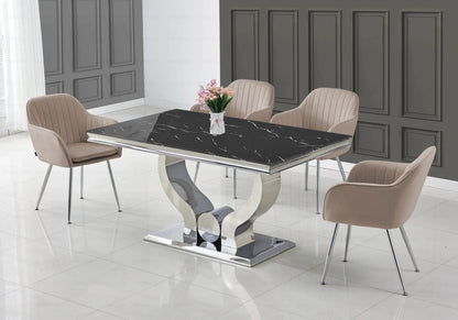 Ensemble table marbre noir et chaises argent | Juno