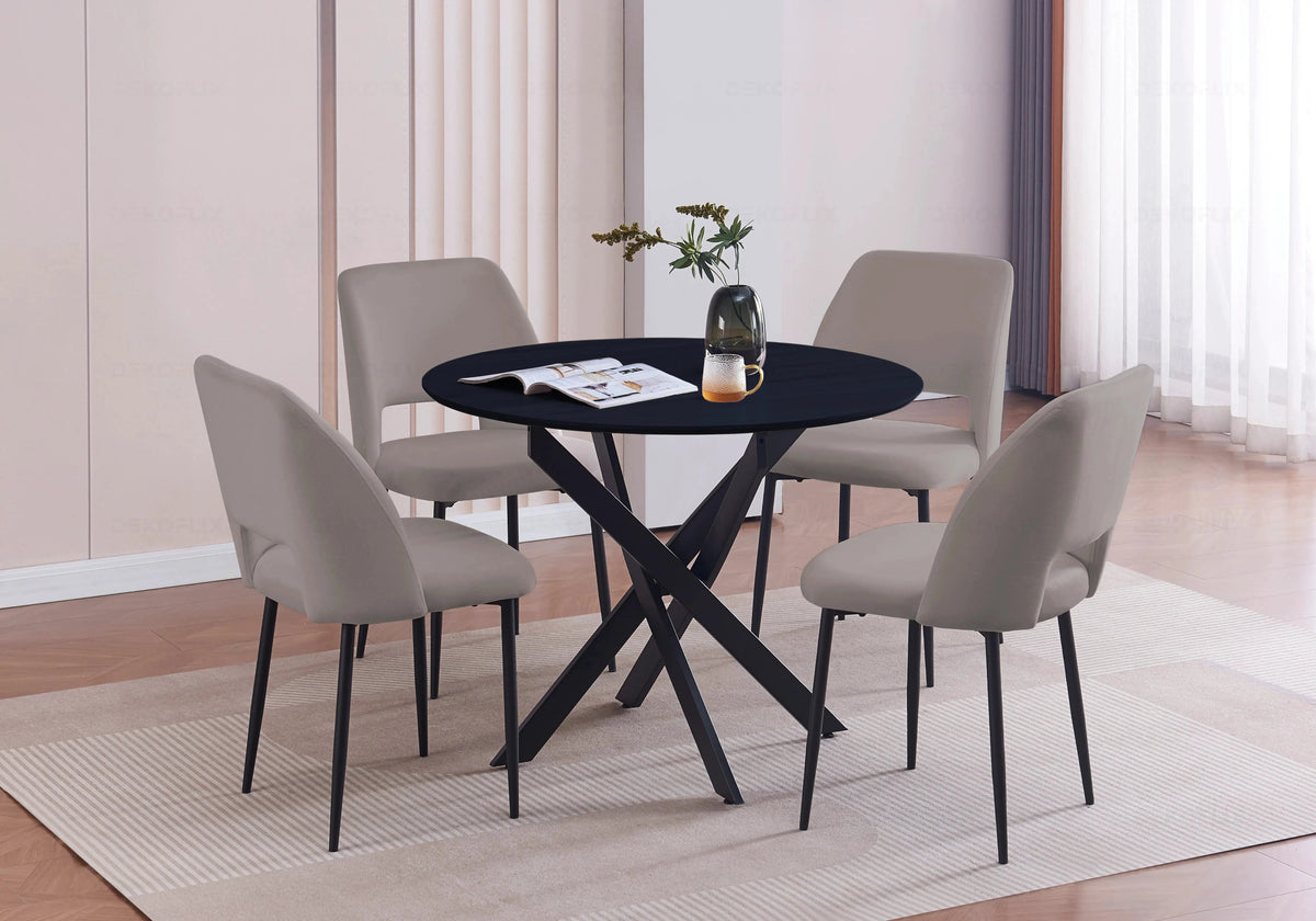 Ensemble table ronde noire et 4 chaises grises | Koda