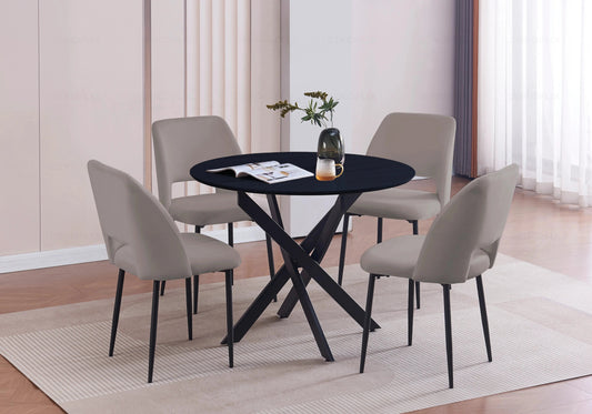 Ensemble table ronde noire et 4 chaises grises | Koda