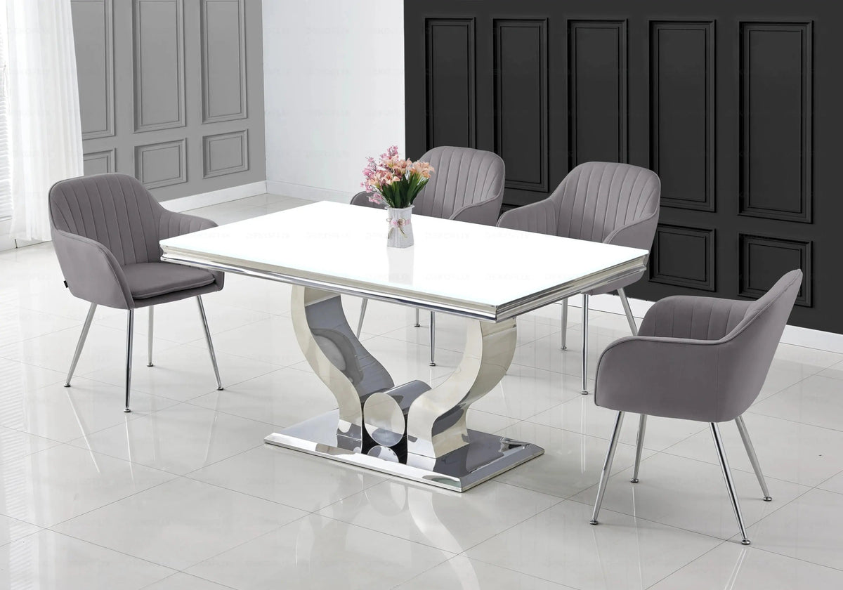 Ensemble table verre blanc et chaises argent | Juno