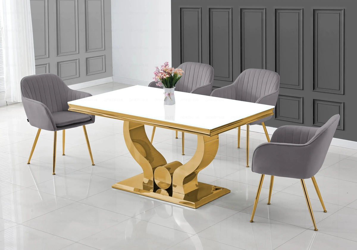 Ensemble table verre blanc et chaises dorées | Juno