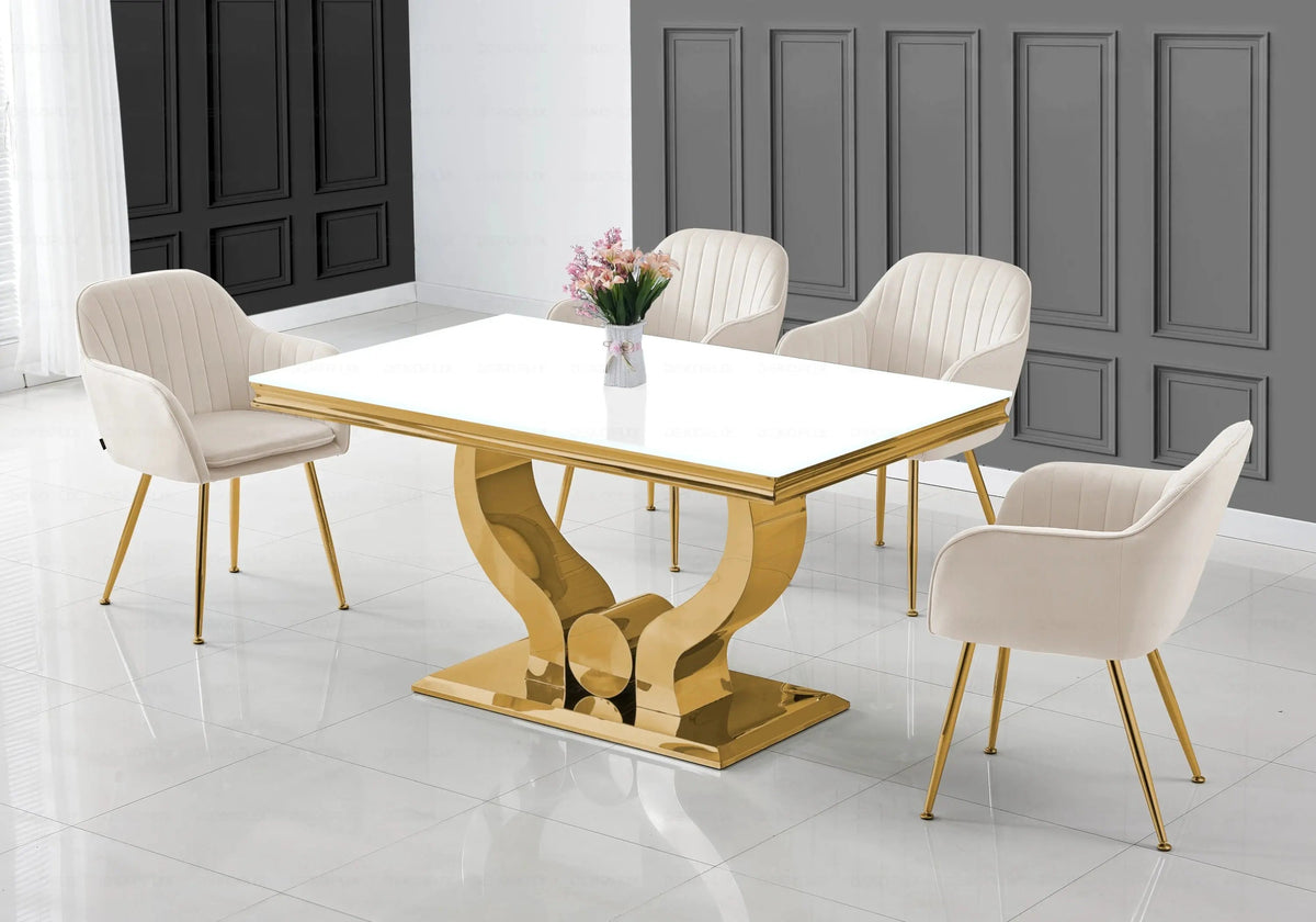 Ensemble table verre blanc et chaises dorées | Juno
